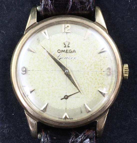 A gentlemans late 1950s 9ct gold Omega manual wind wrist watch,